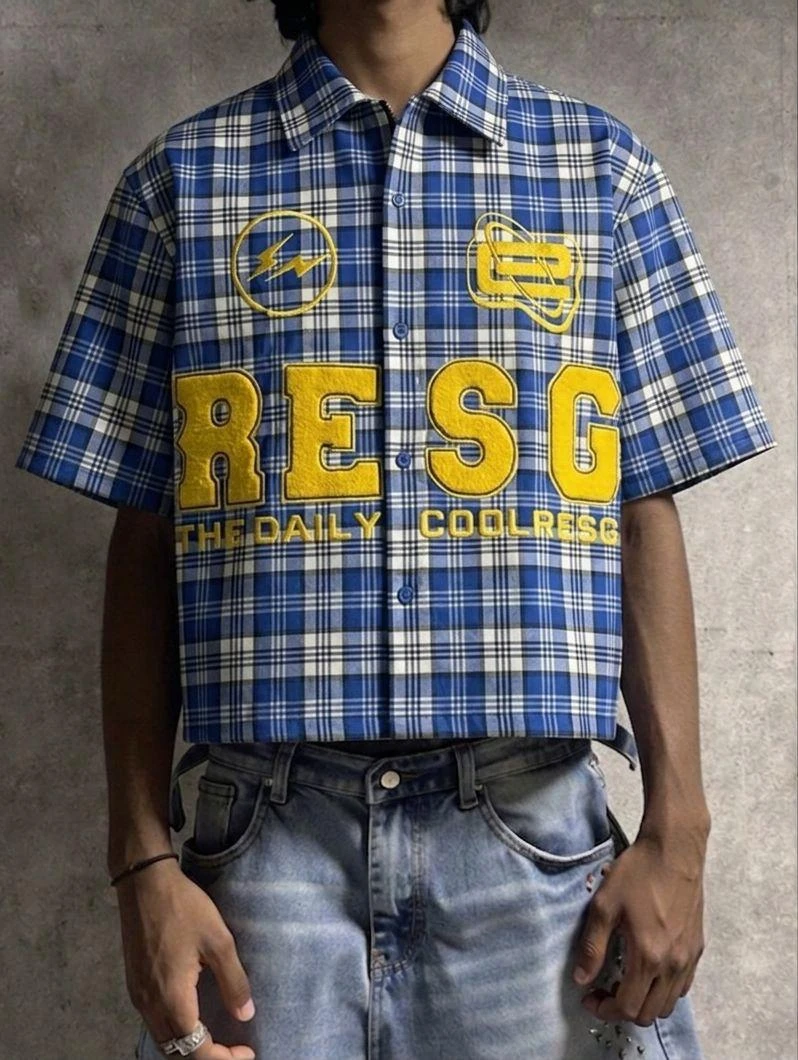 Men's & Unisex Blue Plaid Cropped Short Sleeve Shirt with Yellow RESG Embroidery - Stylish Casual Streetwear Button-Up Top