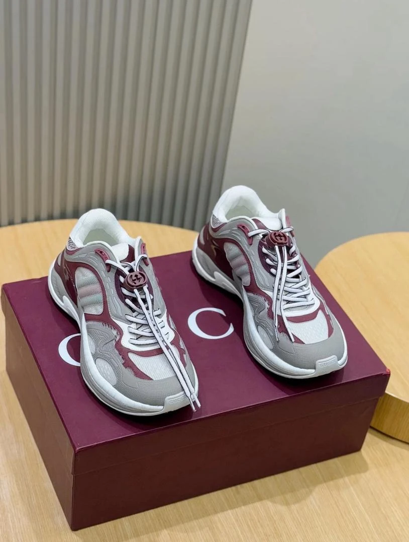Gucci Unisex Grey & Burgundy Chunky Designer Fashion Sneakers with White Accents - Stylish Luxury Athletic Trainers for Everyday Wear