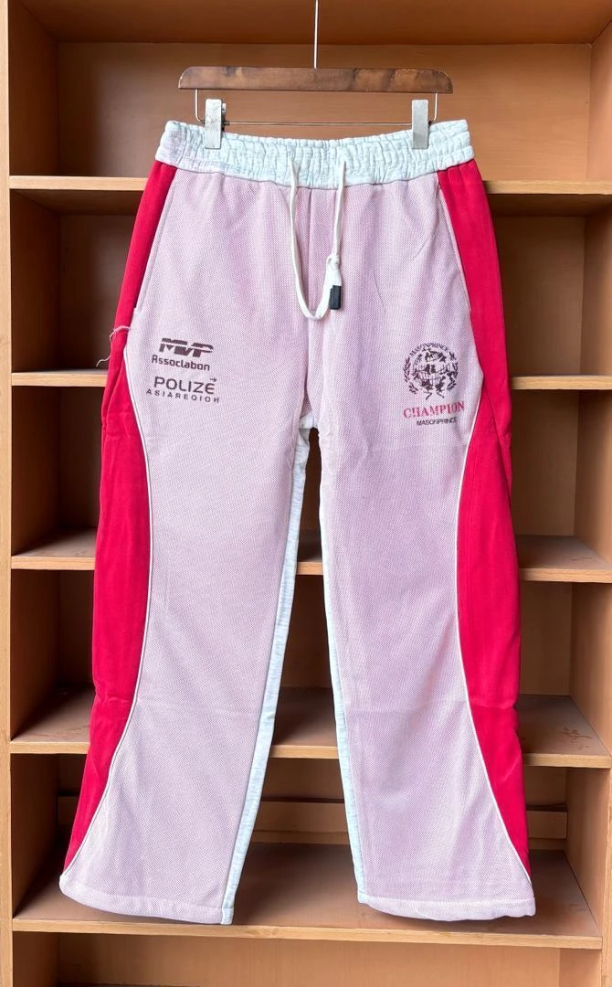 Unisex Stylish Pink & Red Color Block Graphic Track Pants – Comfortable Drawstring Joggers for Casual & Active Wear