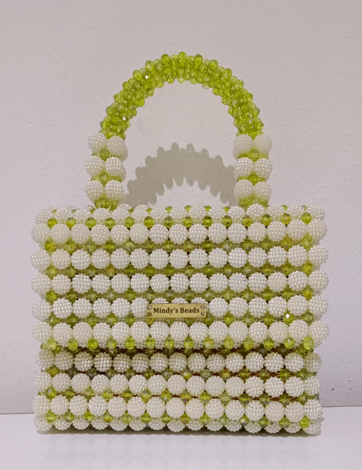 Mindy's Beads Women's Handcrafted creamy white popcorn and lime Green Beaded Top Handle Handbag - Elegant Fashion Accessory for Chic Everyday Style