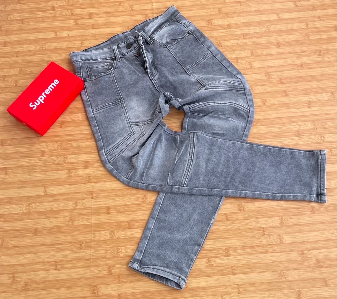 Men's Jean Faded Grey and Bue Washed Denim Jeans Trousers - Slim Fit Moto Biker Panelled Design for Modern Casual Style - Main View