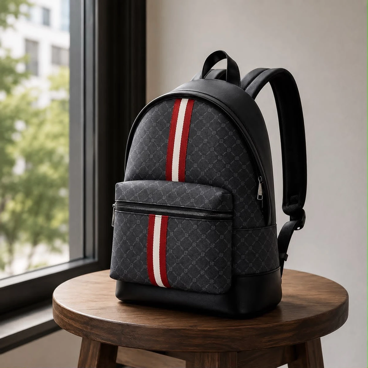 Premium Monogram Backpack with Iconic Red and Blue White Stripe - Stylish  Durable Everyday Bag for Travel, Work, and School Adventures
