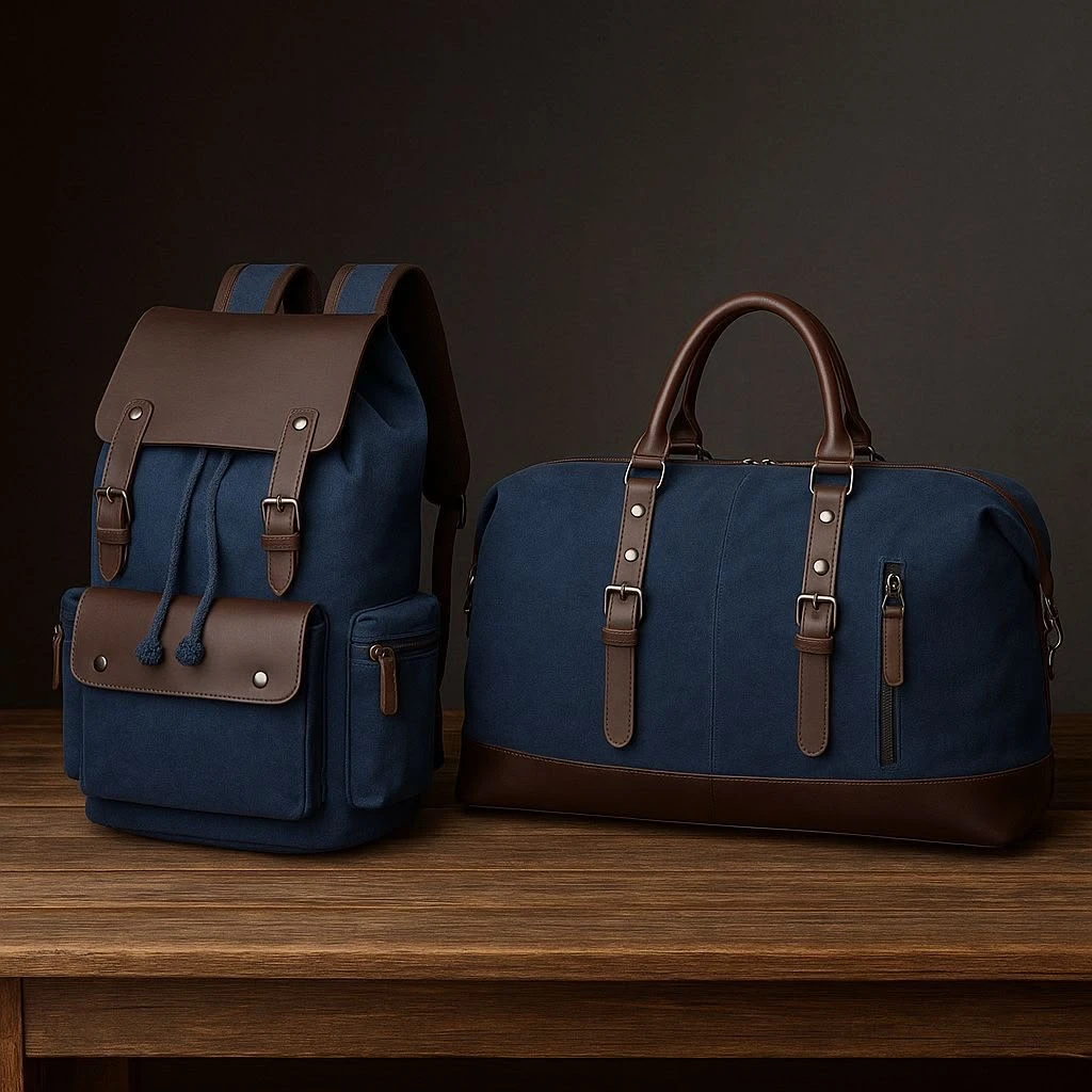 2 in 1 Classic Navy Blue a d Green Canvas  Brown Faux Leather Travel Set Durable Backpack and Spacious Duffel Bag for trips travels a d carry on