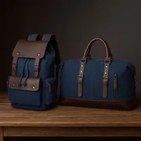2 in 1 Classic Navy Blue a d Green Canvas  Brown Faux Leather Travel Set Durable Backpack and Spacious Duffel Bag for trips travels a d carry on - View 1