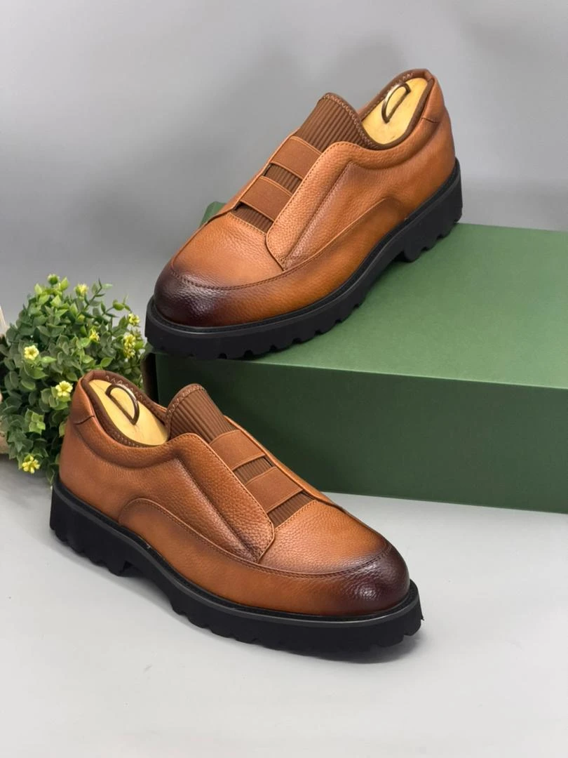 Berluti Men's Premium Brown Textured Leather Slip-On Shoes with Thick Sole and Comfort Elastic Straps