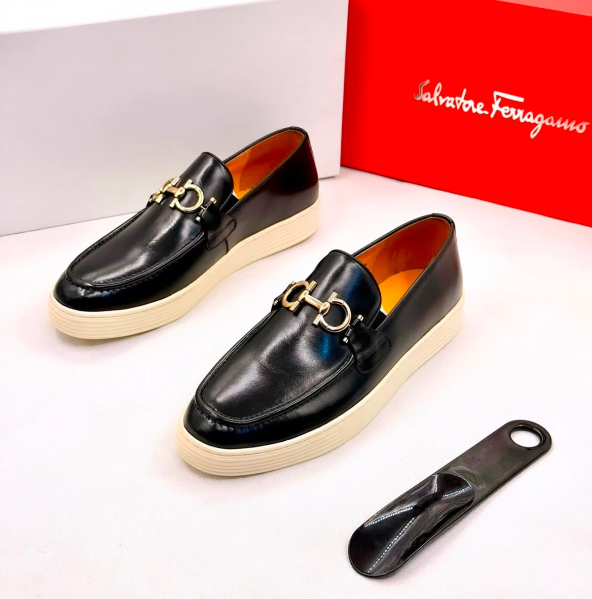 Men's Salvatore Ferragamo Black and Brown Leather Gancini Buckle Loafers - Easy Slip-On Shoes for Official Semi official and Casual Events