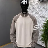 Men's Casual Ribbed Quarter-Zip Sweater with White Stripes - Stylish Camel Brown Long Sleeve Pullover for Everyday Wear - View 3