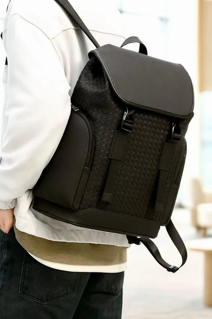 Men's Premium Black Woven Leather Backpack – Stylish Everyday Commuter & Travel Bag with Flap Closure and Side Pockets for Business & College