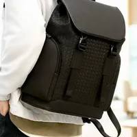 Men's Premium Black Woven Leather Backpack – Stylish Everyday Commuter & Travel Bag with Flap Closure and Side Pockets for Business & College - View 1