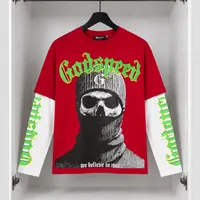 Men's & Unisex Godspeed Skull Balaclava Graphic Layered Long Sleeve T-Shirt – Edgy Red & White Streetwear Crew Neck Tee with Bold Text Print - View 1