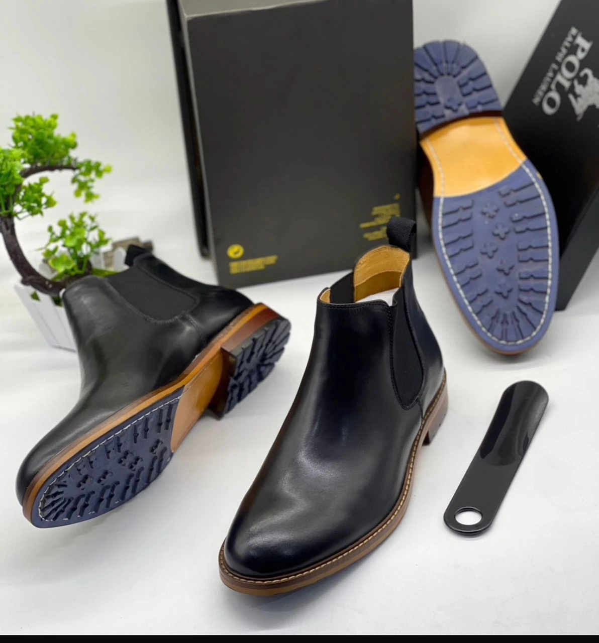 Polo Men's Premium Black Leather Chelsea Boots  Stylish Ankle Footwear with Durable Blue Lug Sole for Formal Casual Wear