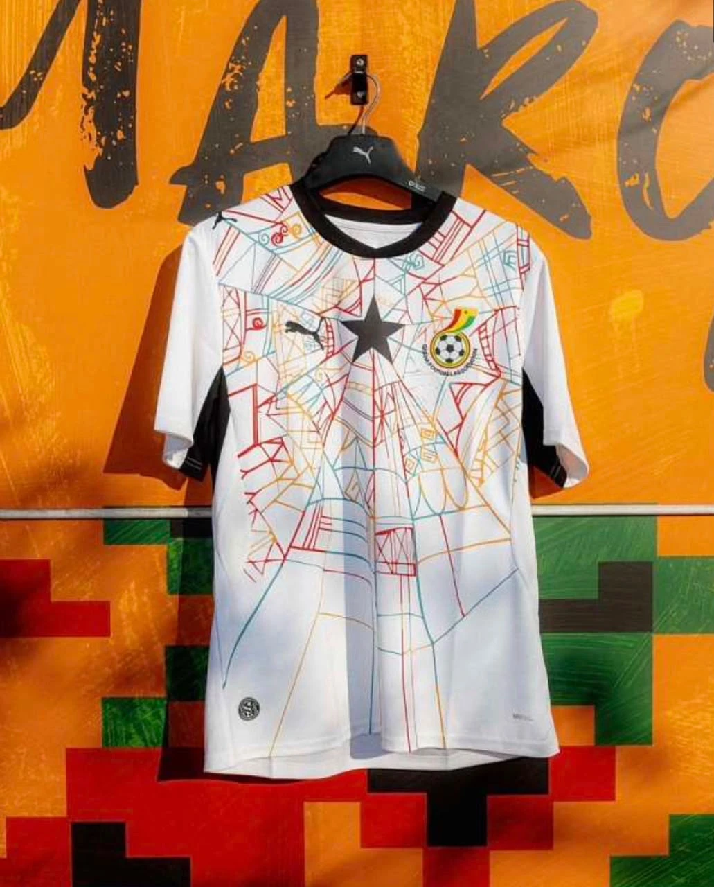 Unisex Ghana Black Stars Football Home Jersey - Puma White Geometric Pattern Fan Kit for Men  Women, Premium Comfort  Style