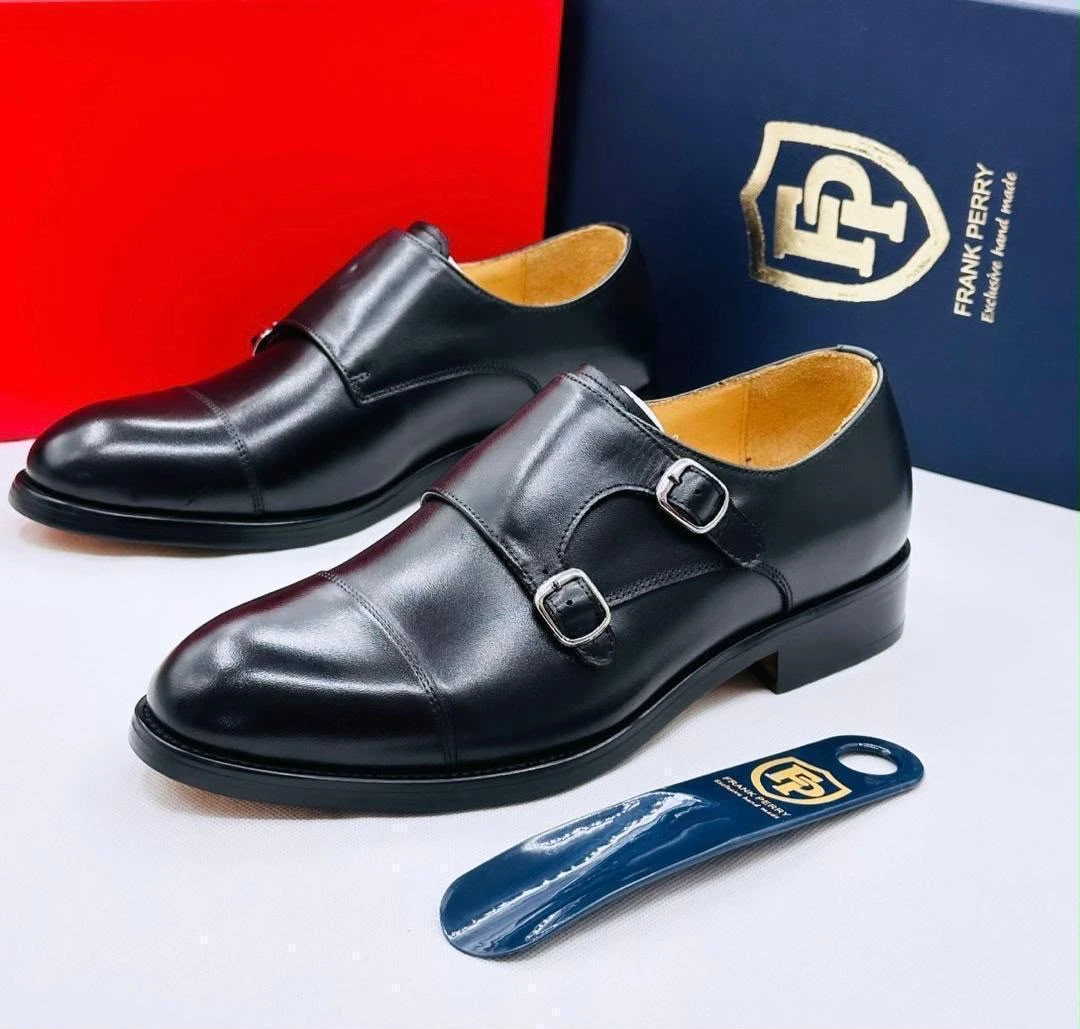 Men's Frank Perry Exclusive Black Leather Double Monk Strap Dress Shoes - Sophisticated Cap Toe Formal Footwear