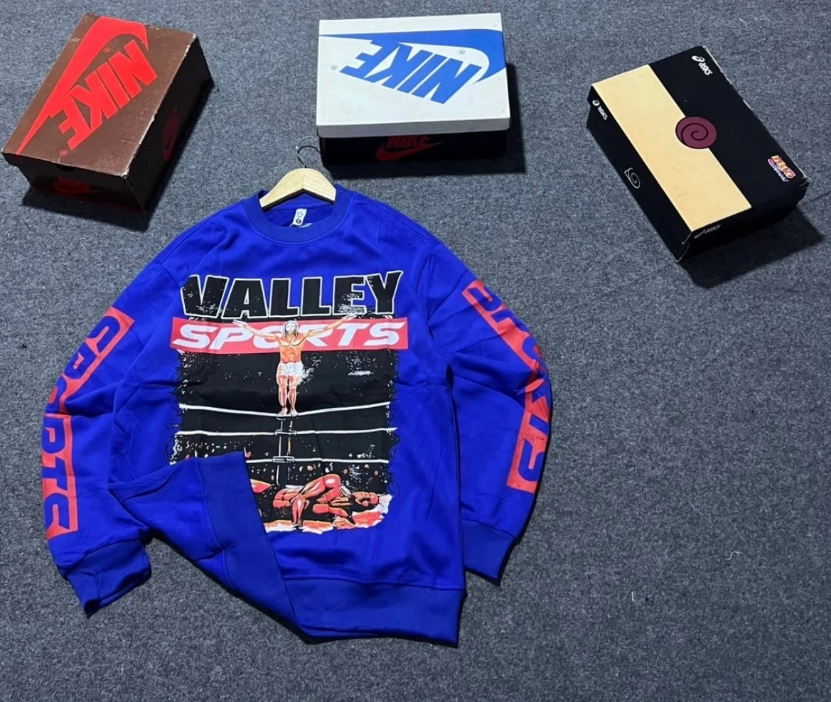 Men's Royal Blue "VALLEY SPORTS" Wrestling Graphic Crewneck Sweatshirt - Dynamic Streetwear Pullover