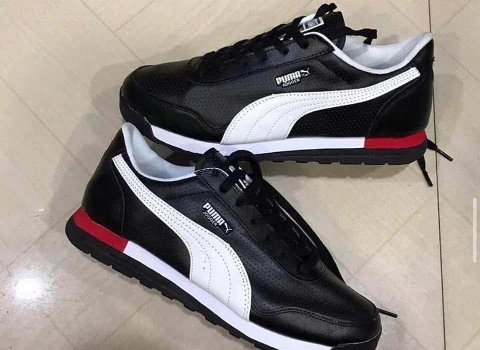 Puma Jogger Classic Blue and Black Leather Flat Sole Trainers Sneakers with White Stripe and Red Accent 