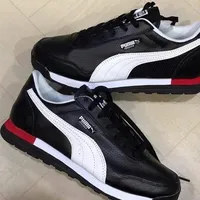 Puma Jogger Classic Blue and Black Leather Flat Sole Trainers Sneakers with White Stripe and Red Accent  - View 3