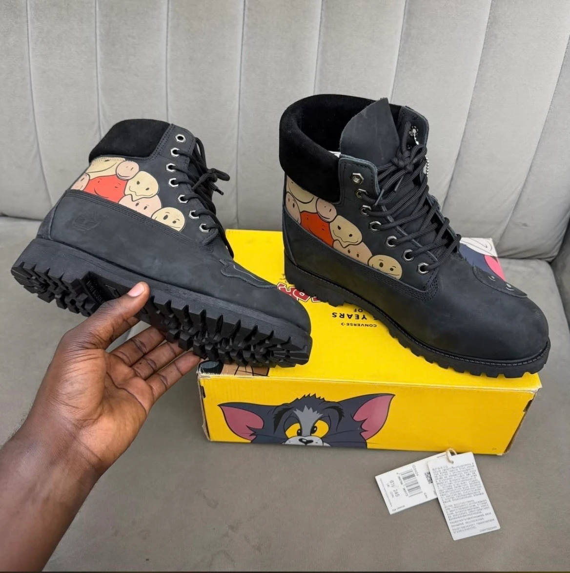 Unisex Black Premium Nubuck Ankle Boots with Fun Cartoon Face Print Collar - Durable & Stylish Streetwear Fashion for Everyday Comfort