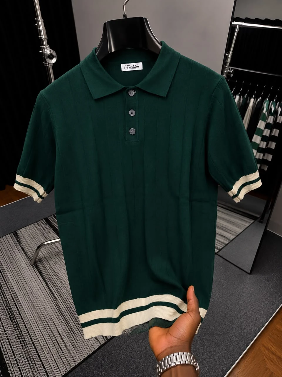 Men's Elegant Emerald Green Ribbed Knit Polo Shirt | Premium Short Sleeve with Distinctive White Striped Cuffs & Hem | Smart Casual & Versatile