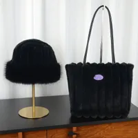 Women's Chic Red Faux Fur Bucket Hat & Ribbed Tote Bag Set - Trendy Winter Fashion Accessory Bundle | Soft & Luxurious Style Statement - View 4