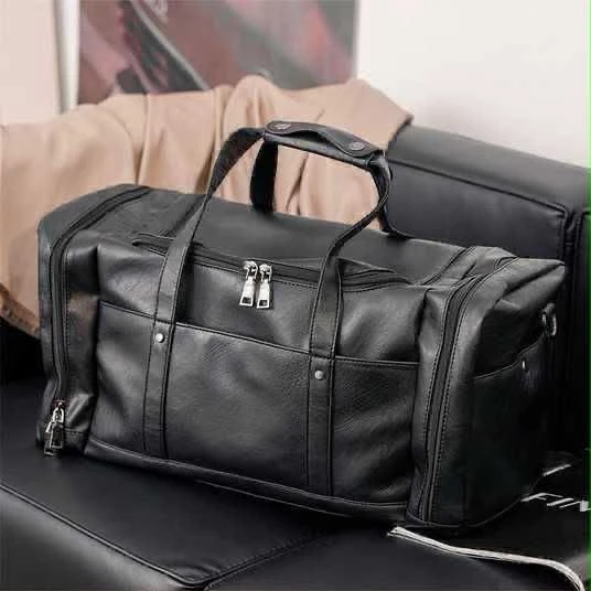 Black Faux Leather Men's Travel Duffel Bag – Stylish Weekender and Gym Carry-On with Multiple Pockets for Modern Lifestyle