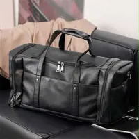 Black Faux Leather Men's Travel Duffel Bag – Stylish Weekender and Gym Carry-On with Multiple Pockets for Modern Lifestyle - View 1