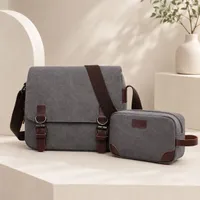 2 in 1 Men's Canvas Shoulder Messenger Bag and Matching Toiletry Pouch Pair - Crossbody Shoulder Bag for Work, Travel Everyday - View 2