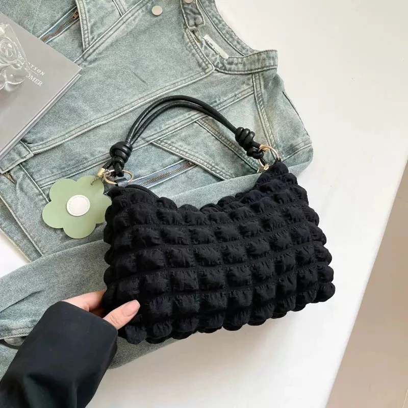 Women's Chic Black Puffy Shoulder Bag - Trendy Bubble Texture Handbag with Knotted Straps for Everyday Fashion & Style