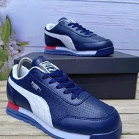 Puma Jogger Classic Blue and Black Leather Flat Sole Trainers Sneakers with White Stripe and Red Accent  - View 2