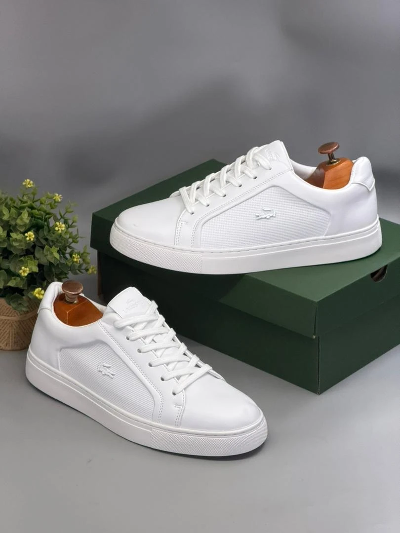 Men's Lacoste White Textured Leather Sneakers – Premium Casual and Semi-formal Flat Sole Men's Shoes for Effortless Style All-Day Comfort - Main View