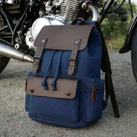 Quality Vintage Navy Blue and Green Demin and Canvas Brown Faux Leather Backpack - Stylish Retro Rucksack for Travel, School,  Everyday Adventures - View 1