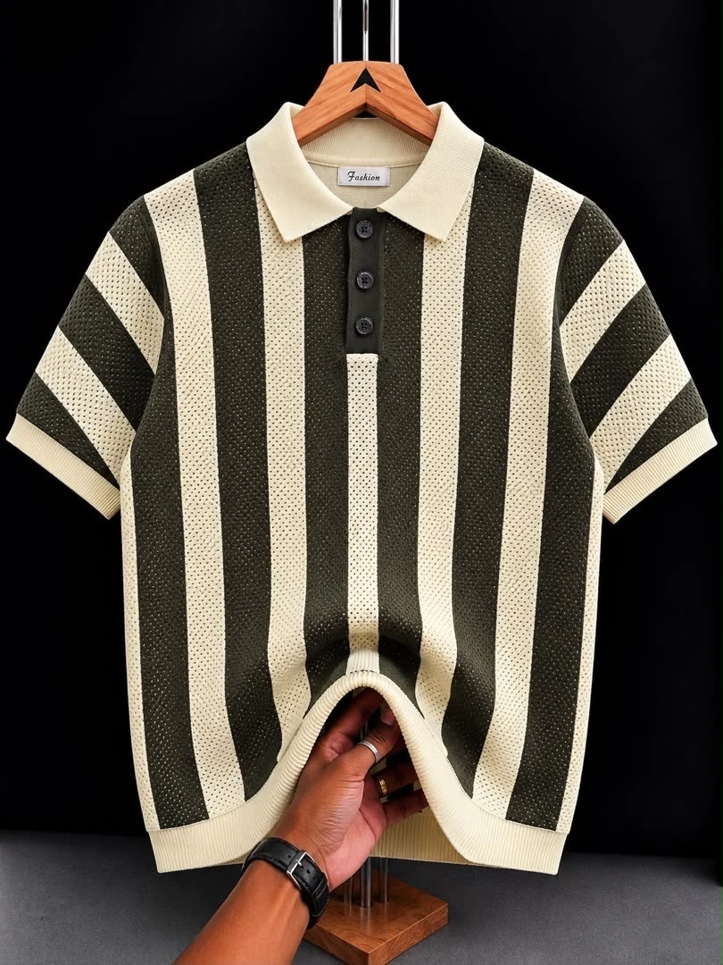 Men's Premium Knitted Vertical Stripe Polo Shirt - Breathable Short Sleeve Button-Placket Top in Olive Cream and Blue - Casual Smart Looks Shirts