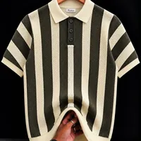 Men's Premium Knitted Vertical Stripe Polo Shirt - Breathable Short Sleeve Button-Placket Top in Olive Cream and Blue - Casual Smart Looks Shirts - View 1