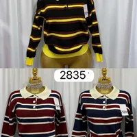 Women's Stylish Striped Knit Polo Sweater - Vibrant Yellow, Brown & Black Long Sleeve Pullover for Casual Chic - View 5