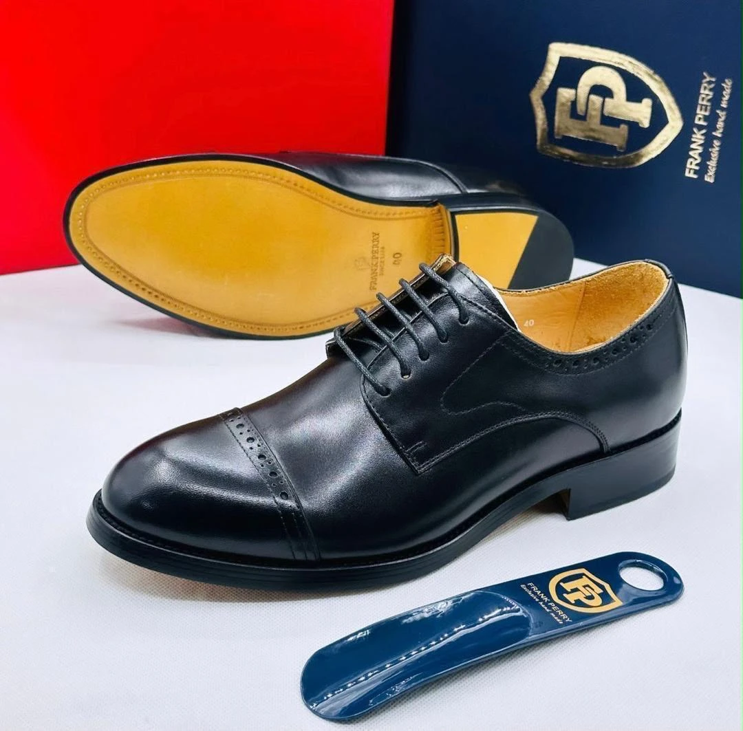 Men's Classic Black Leather Cap-Toe Oxford Dress Shoes - Frank Perry Executive Brogue Style