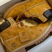 Original Yellow Leather Timberland Luxury LV Embossed Monogram Boots - High-Fashion Streetwear Style Work Boot - View 2