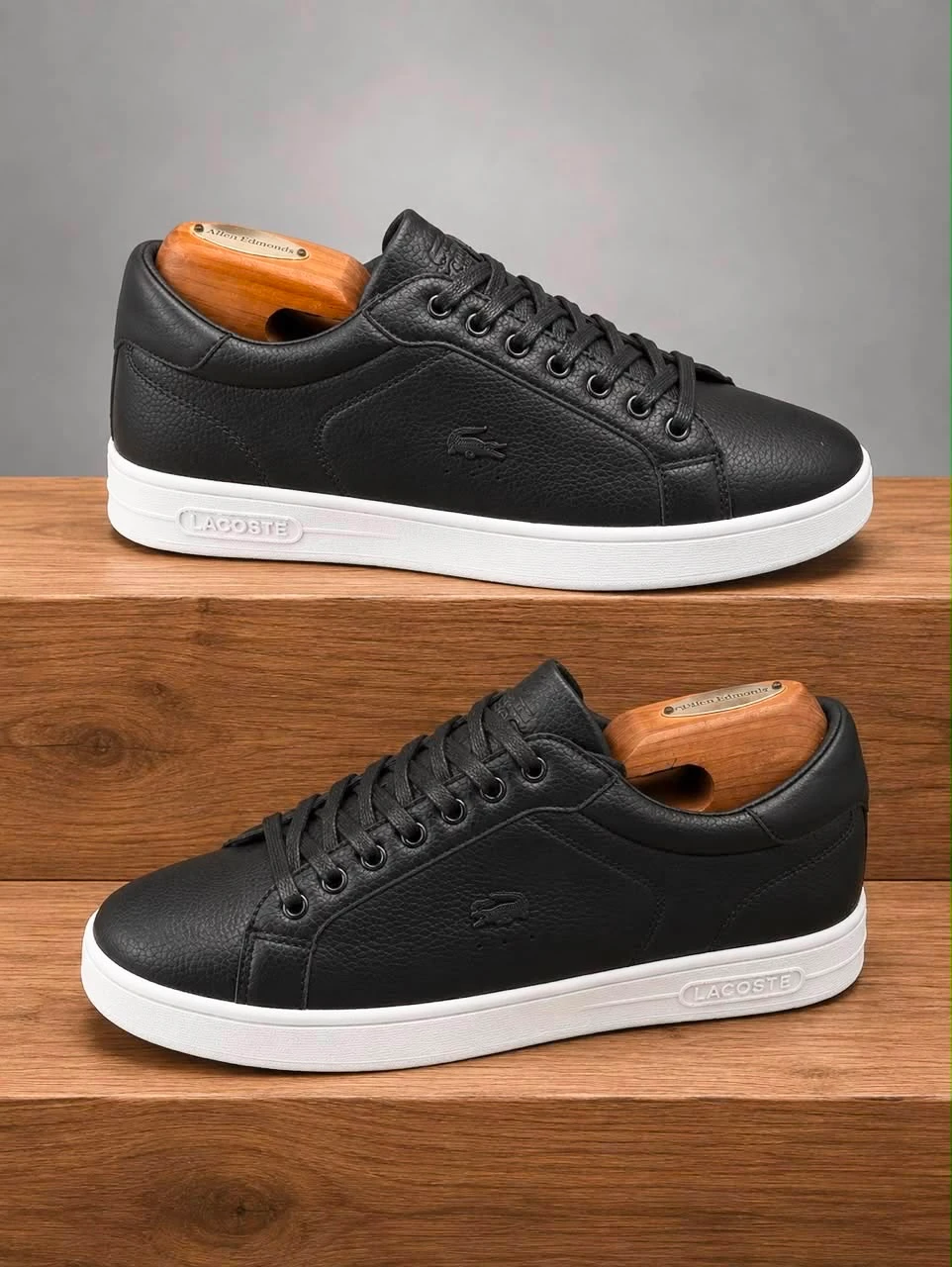 Men's Lacoste Leather Casual Flat Sneakers - Classic Black, White and Olive Colors Low-Top with White Sole for Casual Smart Everyday Wear - Main View