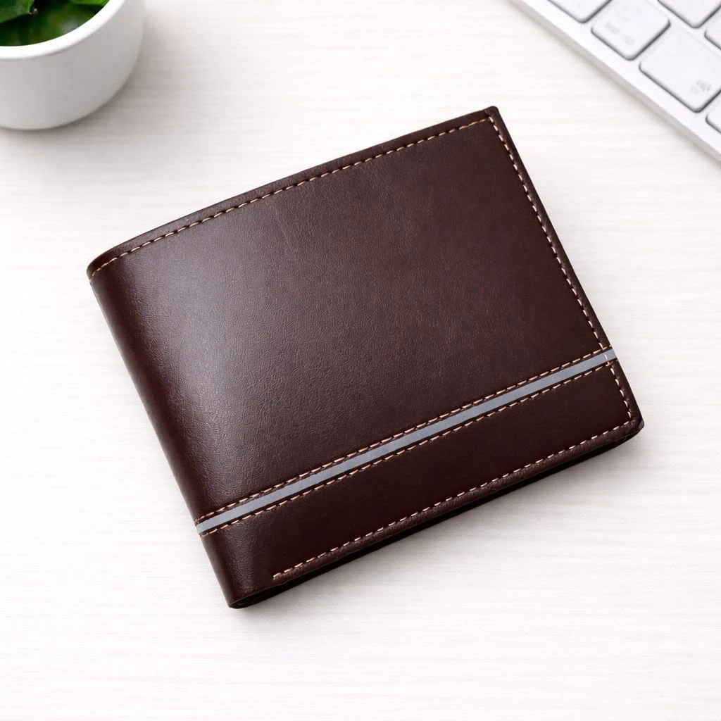 Quality Men's Dark Brown Bi-Fold Wallet Leather-Look Design with Signature Stripe Accent Stitching - Main View