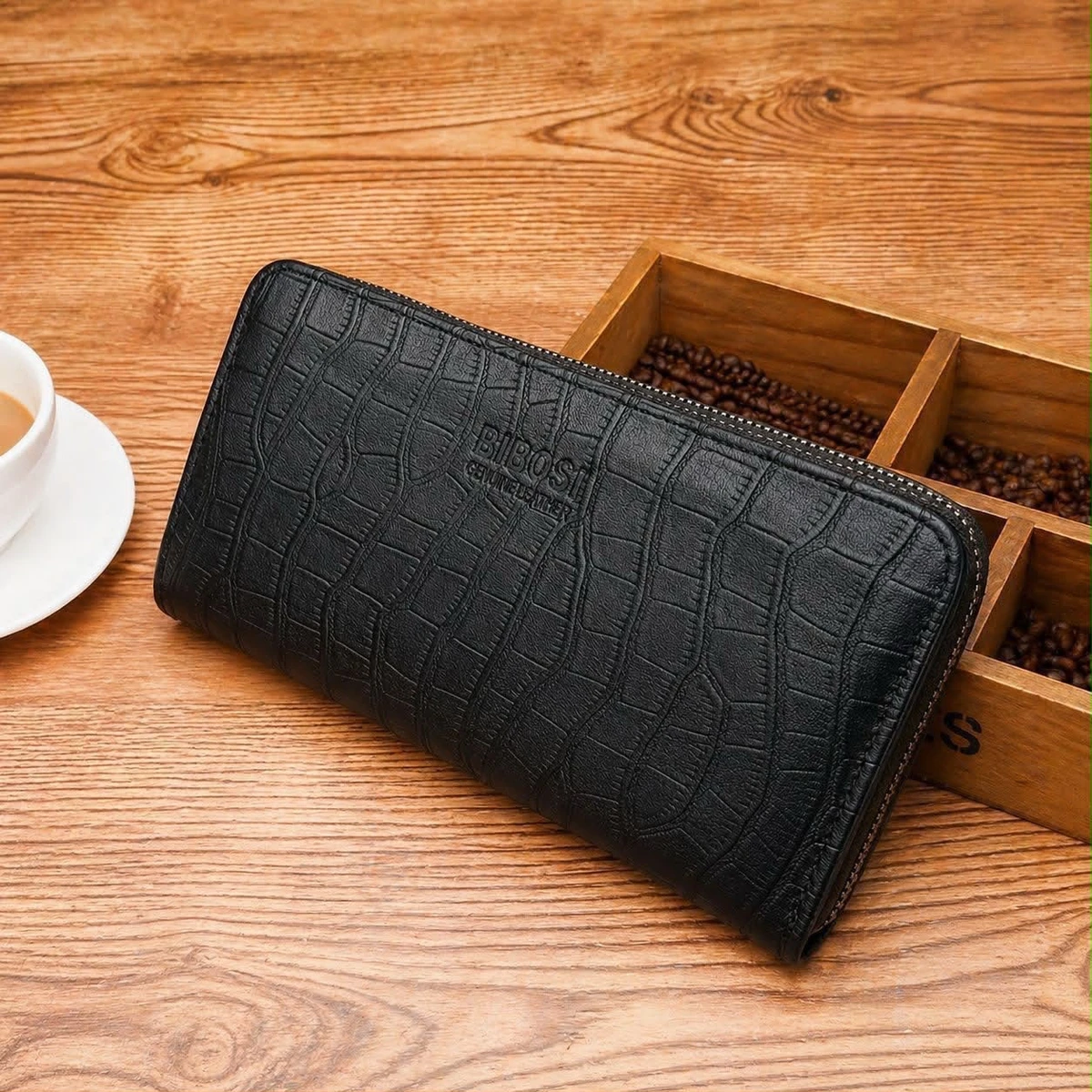 Brick Pattern BIBOSI Men's Genuine Leather Long Wallet Purse Carry On for Everyday Essential 