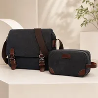 2 in 1 Men's Durable Canvas Shoulder Messenger Bag and Matching Toiletry Pouch Set - Vintage Style Crossbody Shoulder Bag for Work, Travel Everyday - View 1