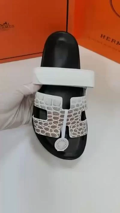 Women's Hermes H-Strap Crocodile Embossed Black & White Slide Sandals - Chic Luxury Comfort Footwear for Everyday Style