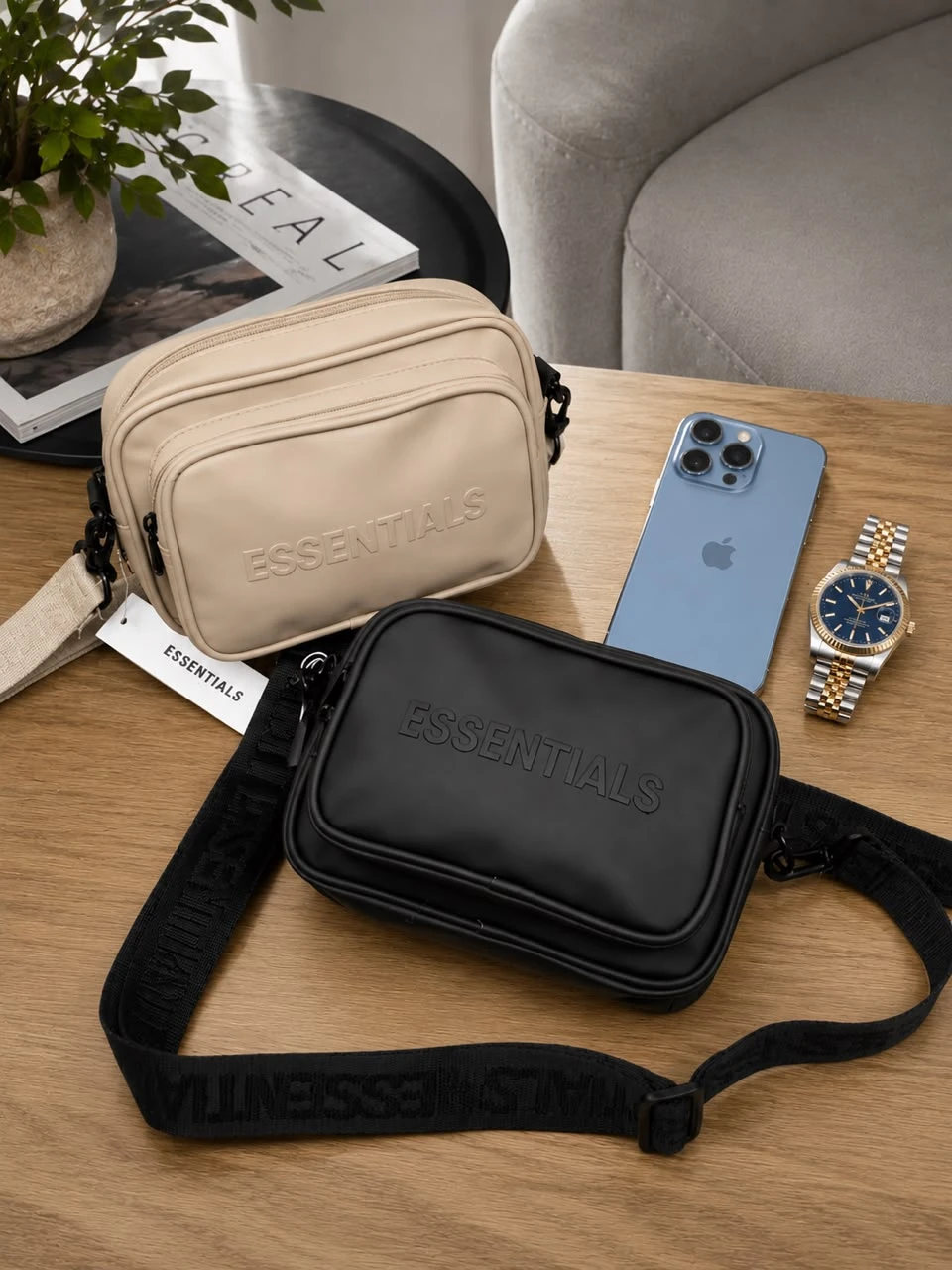 Essentials Minimalist Crossbody Messenger Bag - Stylish Everyday Side Shoulder Pouch in Black  Beige for Modern Daily Carry