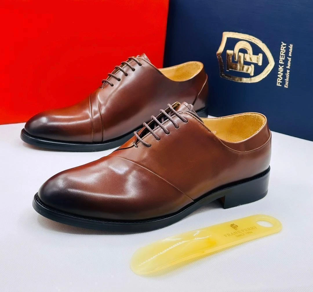 Men's Premium Frank Perry Brown Leather Oxford Dress Shoes - Classic Hand Made Formal Footwear for Gentlemen