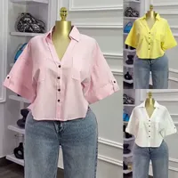 Women's Chic Collared V-Neck Button-Down Shirt with Rolled Short Sleeves & Dual Pockets - Effortless Casual Blouse for Modern Style - View 2