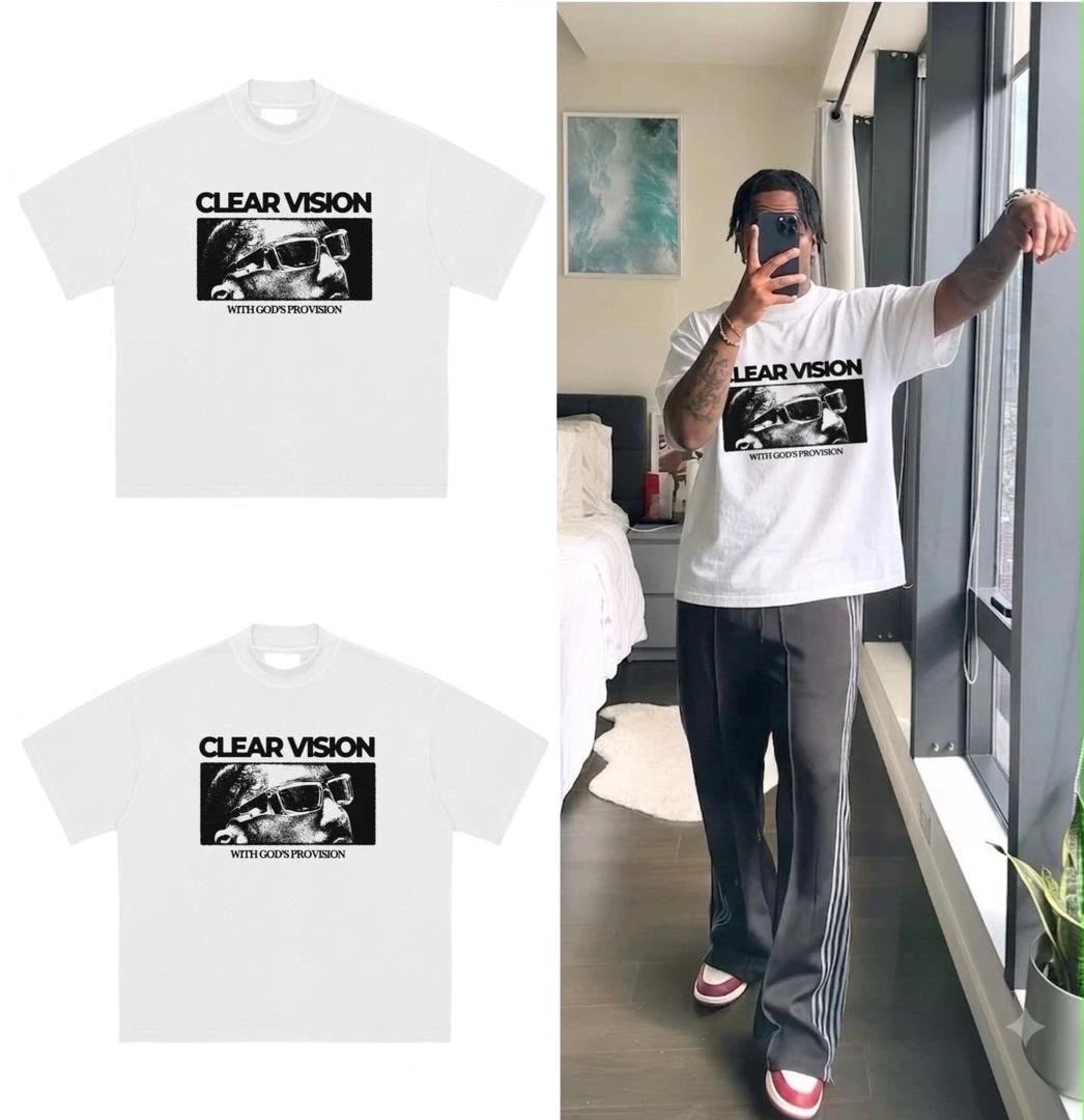 350gm Quality Clear Vision With God's Provision Graphic Oversized White T-Shirt - Streetwear Comfort Tee - Main View
