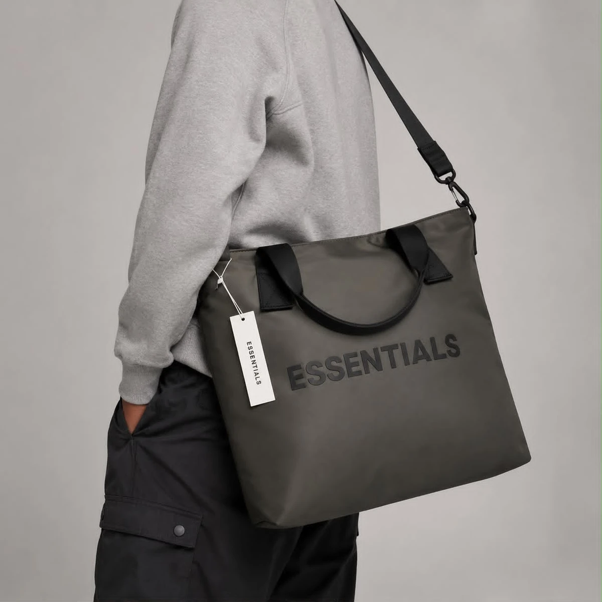 Essentials Unisex Dark Grey Water-Resistant Tote Bag and Modern Streetwear Carryall with Detachable Shoulder Strap Laptop Bag
