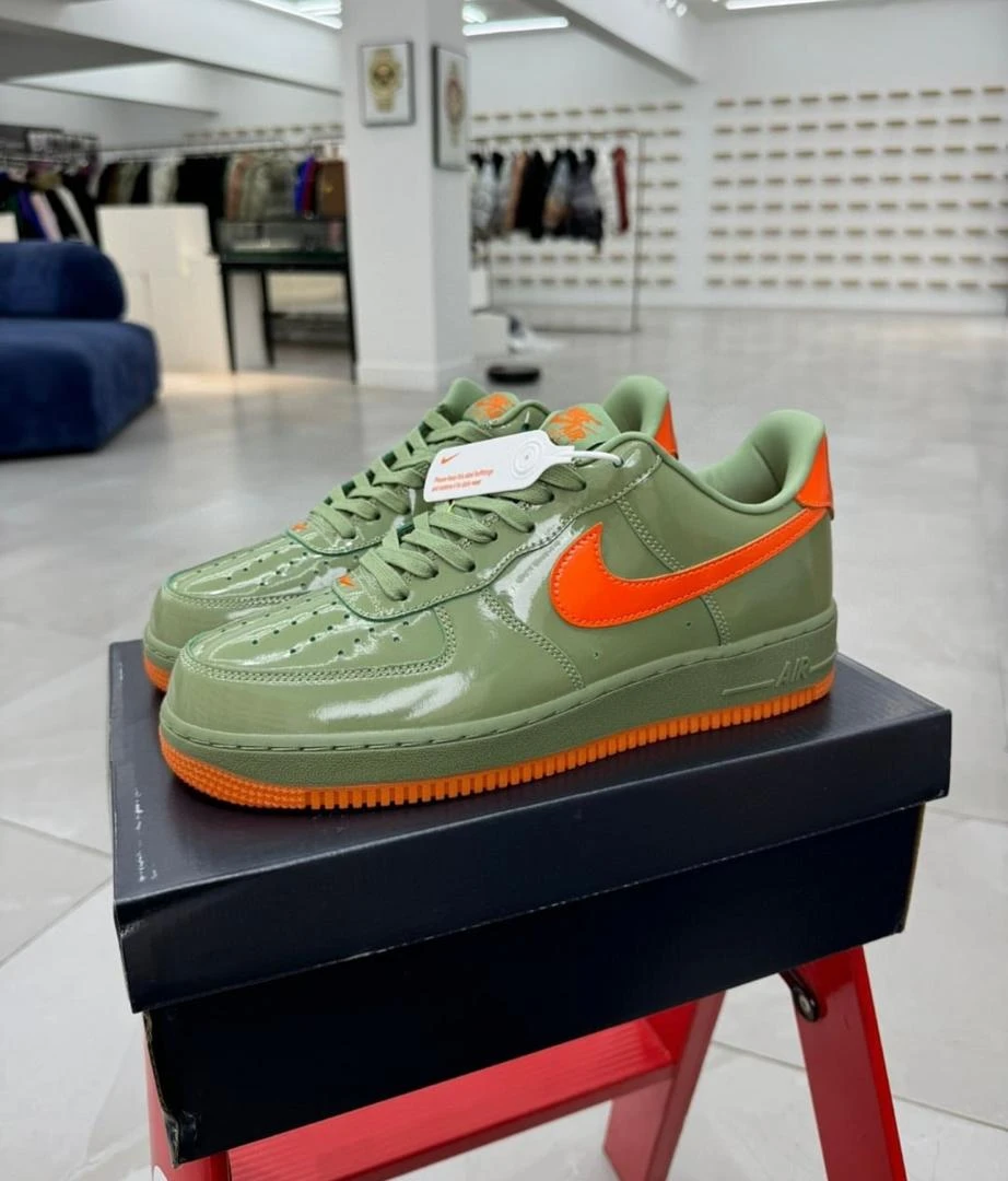Nike Air Force 1 Men's Sage Green  Orange Patent Leather Sneakers - Iconic Streetwear Style with Vibrant Color Pop