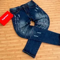 Men's Dark Wash Distressed Jeans Trousers with White Lightning Graphics  Ripped Patches - Trendy Urban Denim for Street Style - View 1