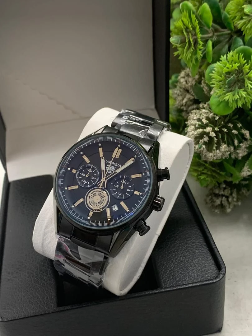 Men's TAG Heuer Carrera Chronograph Genuine Leather Men's Dress Watch - Black Polished Stainless Steel Chain and Deep Blue Dial Luxury Timepiece for the Modern Gentleman