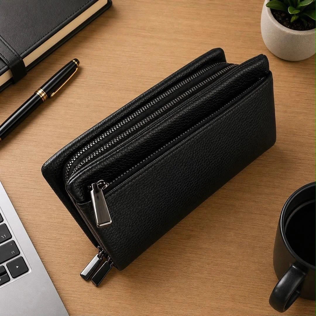 Men's Premium Pebbled Leather Multi-Zipper Long Wallet  Organizer - Secure Dual Compartment Clutch for Cards, Cash, and Phone