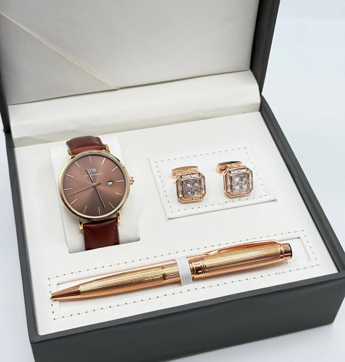Men's Premium Rose Gold Watch, Cufflinks & Pen Gift Set - Stylish Formal Accessories with Brown Leather Strap Timepiece, Crystal Embellished Cuffs & Textured Pen